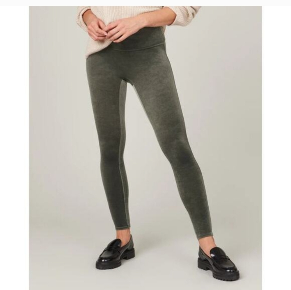 Spanx Green Velvet Velour Olive Legging Pants Sz M
